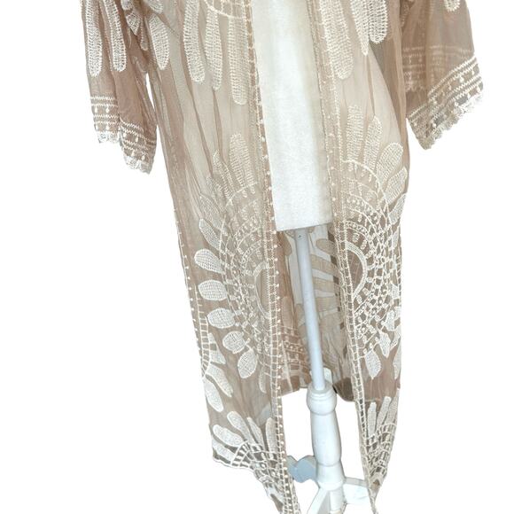 Rebellion Boho Open Duster Swim Cover Medium Tan Cream Floral Embroidery Sheer - Picture 11 of 16